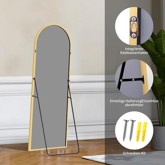 KOCUUY Bogen Standspiegel, 150 x 40 cm Großer Gewölbter Ganzkörperspiegel, Groß Wandspiegel mit Gold Aluminium Rahmen, Hängend, Stehend, Kippbar, für Wohnzimmer, Schlafzimmer und Flure