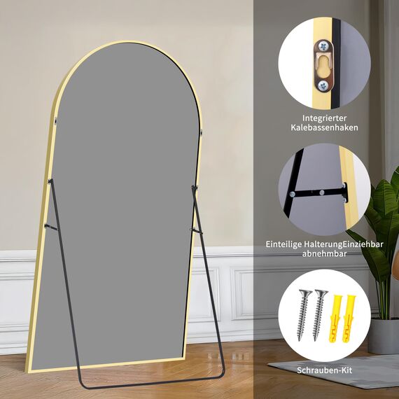 KOCUUY Bogen Standspiegel, 196 x 96 cm Großer Gewölbter Ganzkörperspiegel, Groß Wandspiegel mit Gold Aluminium Rahmen, Hängend, Stehend, Kippbar, für Wohnzimmer, Schlafzimmer und Flure