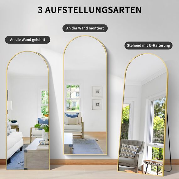 KOCUUY Bogen Standspiegel, 192 x 85 cm Großer Gewölbter Ganzkörperspiegel, Groß Wandspiegel mit Gold Aluminium Rahmen, Hängend, Stehend, Kippbar, für Wohnzimmer, Schlafzimmer und Flure