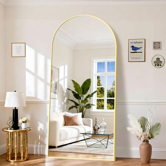 KOCUUY Bogen Standspiegel, 196 x 96 cm Großer Gewölbter Ganzkörperspiegel, Groß Wandspiegel mit Gold Aluminium Rahmen, Hängend, Stehend, Kippbar, für Wohnzimmer, Schlafzimmer und Flure