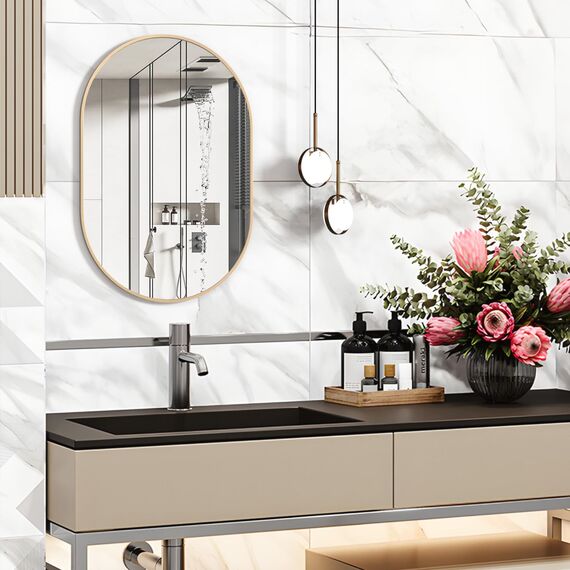 NEUWEABY Oval Badspiegel Ovale Wandspiegel für über dem Waschbecken, 50x75 cm Gold Pillen Spiegel Capsule Wandspiegel, Moderner Spiegel mit Metallrahmen für Wanddekoration