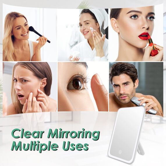 Auxmir Kosmetikspiegel mit Beleuchtung, Wiederaufladbar Tragbar Schminkspiegel mit 3 Lichtfarben, Dimmbar Reisespiegel Tischspiegel mit Touchschalter, Faltbarer Kompaktspiegel mit Licht für Makeup