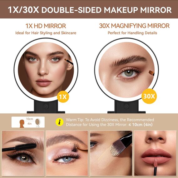 Auxmir Kosmetikspiegel mit Beleuchtung, 30X/1X Doppelseitig Schminkspiegel mit Licht, Dimmbar Tischspiegel, 3 Farblichter Handspiegel, 2000 mAh, Faltbar Vergrößerungsspiegel für Zuhause Reise Kosmetik