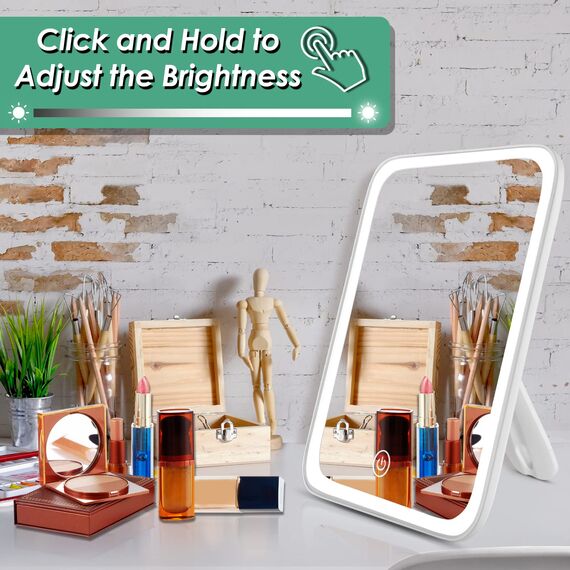 Auxmir Kosmetikspiegel mit Beleuchtung, Wiederaufladbar Tragbar Schminkspiegel mit 3 Lichtfarben, Dimmbar Reisespiegel Tischspiegel mit Touchschalter, Faltbarer Kompaktspiegel mit Licht für Makeup