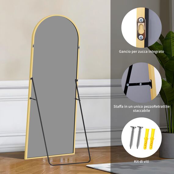 KOCUUY Bogen Standspiegel, 165 x 60 cm Großer Gewölbter Ganzkörperspiegel, Groß Wandspiegel mit Gold Aluminium Rahmen, Hängend, Stehend, Kippbar, für Wohnzimmer, Schlafzimmer und Flure