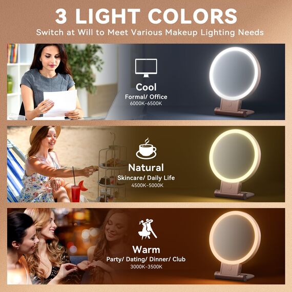 Auxmir Kosmetikspiegel mit Beleuchtung, 30X/1X Doppelseitig Schminkspiegel mit Licht, Dimmbar Tischspiegel, 3 Farblichter Handspiegel, 2000 mAh, Faltbar Vergrößerungsspiegel für Zuhause Reise Kosmetik