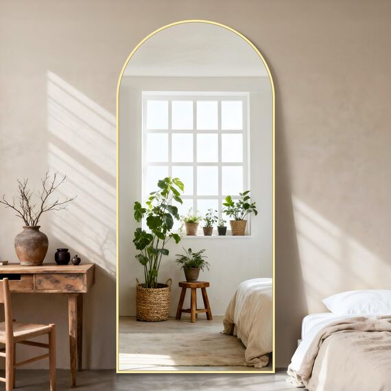 KOCUUY Bogen Standspiegel, 203 x 91 cm Großer Gewölbter Ganzkörperspiegel, Groß Wandspiegel mit Gold Aluminium Rahmen, Hängend, Stehend, Kippbar, für Wohnzimmer, Schlafzimmer und Flure