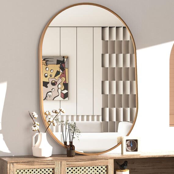 NEUWEABY Oval Badezimmer Spiegel Kapsel Wandspiegel, 60x90cm Pill Spiegel Wandspiegel, große Moderne Spiegel mit Gold Metallrahmen, Dekor für Eingang, Schlafzimmer