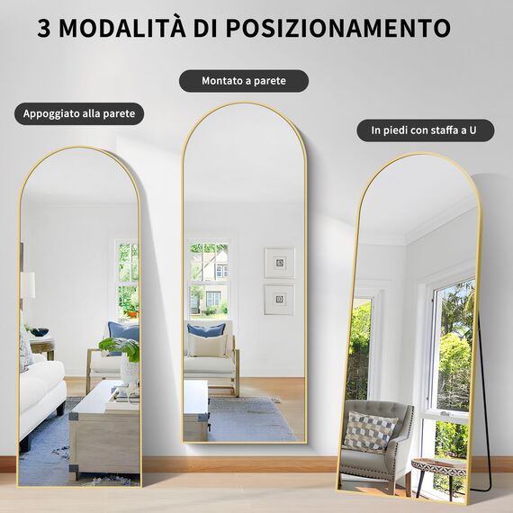 KOCUUY Bogen Standspiegel, 165 x 60 cm Großer Gewölbter Ganzkörperspiegel, Groß Wandspiegel mit Gold Aluminium Rahmen, Hängend, Stehend, Kippbar, für Wohnzimmer, Schlafzimmer und Flure