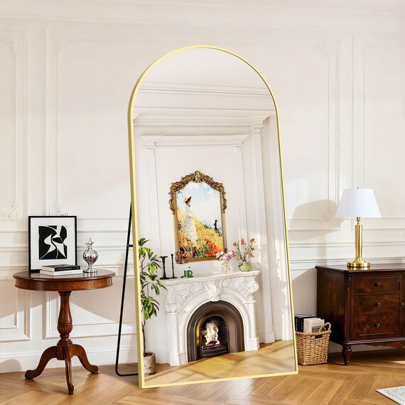 KOCUUY Bogen Standspiegel, 196 x 96 cm Großer Gewölbter Ganzkörperspiegel, Groß Wandspiegel mit Gold Aluminium Rahmen, Hängend, Stehend, Kippbar, für Wohnzimmer, Schlafzimmer und Flure