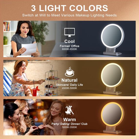 Auxmir Kosmetikspiegel mit Beleuchtung, 30X/1X Doppelseitig Schminkspiegel mit Licht, Dimmbar Tischspiegel, 3 Farblichter Handspiegel, 2000 mAh, Faltbar Vergrößerungsspiegel für Zuhause Reise Kosmetik