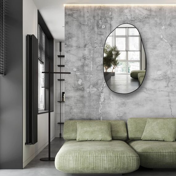 NEUWEABY Unregelmäßiger Wandspiegel, Asymmetrischer Spiegel, Groß Einzigartiger Kosmetikspiegel, Schwarz Badezimmer Wandspiegel, 85x 52 cm moderner geformter Ankleidespiegel für Wohnzimmer