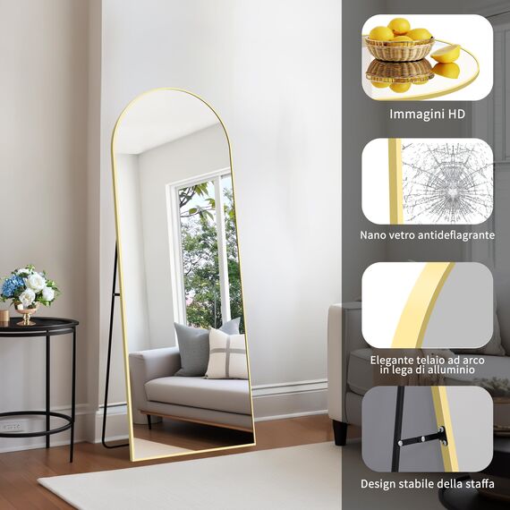 KOCUUY Bogen Standspiegel, 147 x 47 cm Großer Gewölbter Ganzkörperspiegel, Groß Wandspiegel mit Gold Aluminium Rahmen, Hängend, Stehend, Kippbar, für Wohnzimmer, Schlafzimmer und Flure