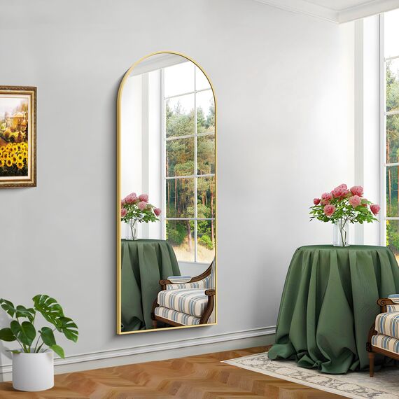 KOCUUY Bogen Standspiegel, 165 x 60 cm Großer Gewölbter Ganzkörperspiegel, Groß Wandspiegel mit Gold Aluminium Rahmen, Hängend, Stehend, Kippbar, für Wohnzimmer, Schlafzimmer und Flure