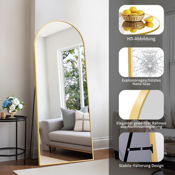 KOCUUY Bogen Standspiegel, 165 x 60 cm Großer Gewölbter Ganzkörperspiegel, Groß Wandspiegel mit Gold Aluminium Rahmen, Hängend, Stehend, Kippbar, für Wohnzimmer, Schlafzimmer und Flure