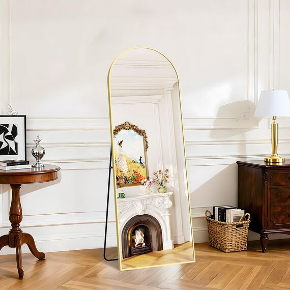 KOCUUY Bogen Standspiegel, 147 x 47 cm Großer Gewölbter Ganzkörperspiegel, Groß Wandspiegel mit Gold Aluminium Rahmen, Hängend, Stehend, Kippbar, für Wohnzimmer, Schlafzimmer und Flure