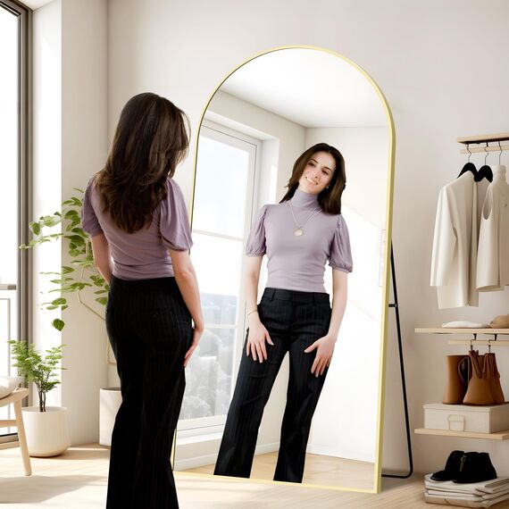KOCUUY Bogen Standspiegel, 196 x 96 cm Großer Gewölbter Ganzkörperspiegel, Groß Wandspiegel mit Gold Aluminium Rahmen, Hängend, Stehend, Kippbar, für Wohnzimmer, Schlafzimmer und Flure