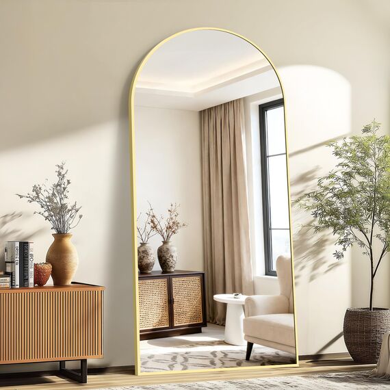 KOCUUY Bogen Standspiegel, 196 x 96 cm Großer Gewölbter Ganzkörperspiegel, Groß Wandspiegel mit Gold Aluminium Rahmen, Hängend, Stehend, Kippbar, für Wohnzimmer, Schlafzimmer und Flure