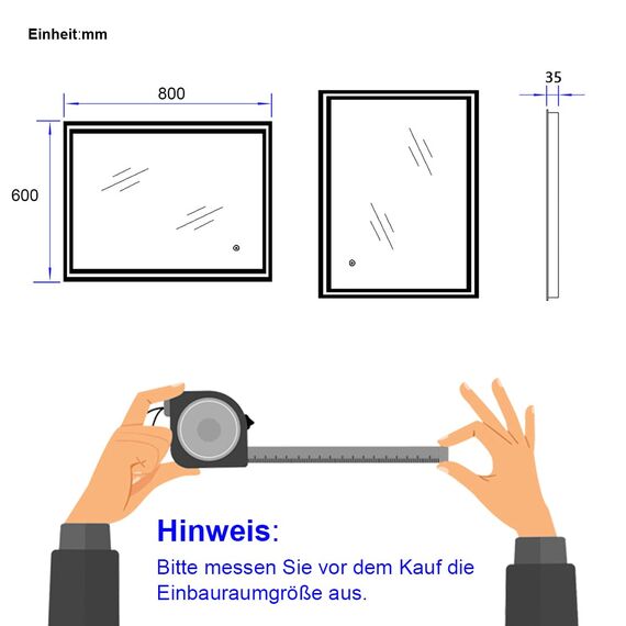 EMKE LED Badspiegel 80x60cm Badezimmerspiegel mit Beleuchtung dimmbar kaltweiß Lichtspiegel Wandspiegel mit Touchschalter IP44 energiesparend