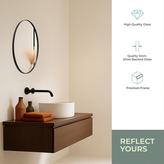 Neue Design Mood® Premium Round Bathroom Mirror Black Framed Wall Mounted, Recessed Circle Frame Modern & Stylish (60cm x 60cm)