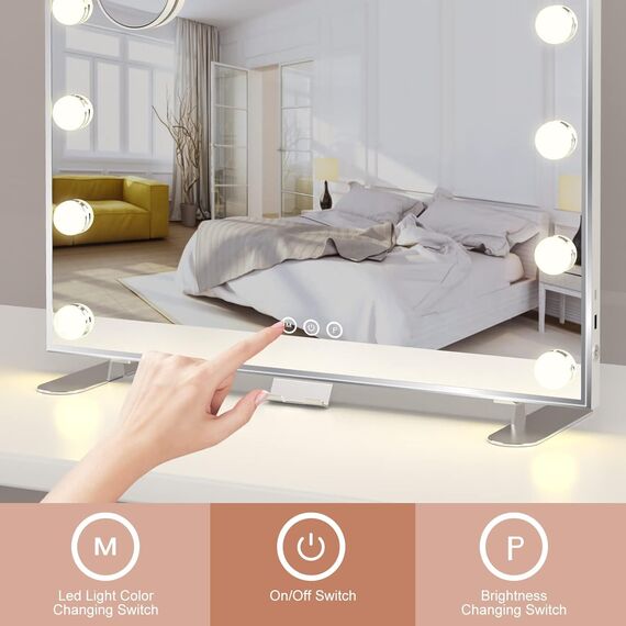 Hollywood Eitelkeitsspiegel mit Lichtern, großer beleuchteter Schminkspiegel mit 3 Farbmodi, 14 dimmbare Led-Lampen, intelligente Touchscreen-Steuerung,Tisch- oder Wandspiegel für Schlafzimmer