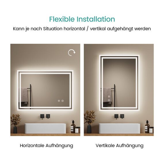 EMKE Badspiegel mit Beleuchtung 70x50 cm, kaltweiß dimmbar, beschlagfrei, Touch, Speicherfunktion, 3-Stunden-Autoabschaltung, IP44, energiesparender Badezimmerspiegel