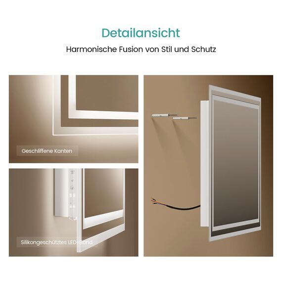 EMKE Badspiegel mit Beleuchtung 120x60 cm, 2 Lichtfarben (Warmweiß/Kaltweiß), beschlagfrei, Druckschalter, IP44, energiesparend, horizontal und vertikal montierbar – moderner Badezimmerspiegel