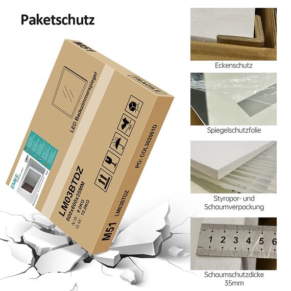 EMKE LED Badspiegel 80x60cm Badezimmerspiegel mit Beleuchtung dimmbar kaltweiß Lichtspiegel Wandspiegel mit Touchschalter IP44 energiesparend