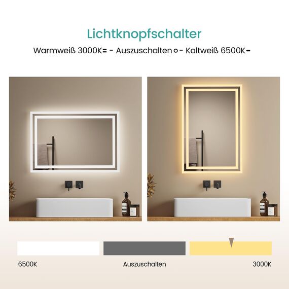 EMKE Badspiegel mit Beleuchtung 60x40 cm, 2 Lichtfarben (Warmweiß/Kaltweiß), beschlagfrei, Druckschalter, IP44, energiesparend, horizontal und vertikal montierbar – moderner Badezimmerspiegel