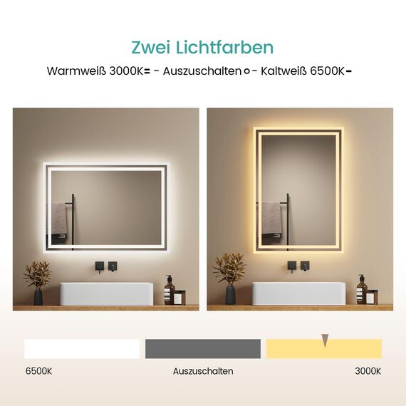 EMKE Badspiegel mit Beleuchtung 70x50 cm, 2 Lichtfarben (Warmweiß/Kaltweiß), beschlagfrei, Druckschalter, IP44, energiesparend, horizontal und vertikal montierbar – moderner Badezimmerspiegel