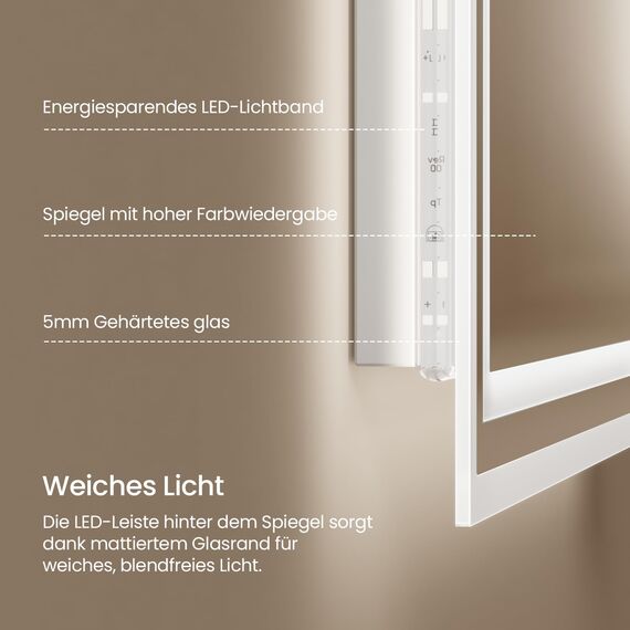 EMKE LED Badspiegel 70x50 cm mit Bewegungssensor, 3 dimmbare Lichtfarben, beschlagfrei, Touch, automatische Abschaltung nach 1 Stunde, IP44, energiesparender Badezimmerspiegel