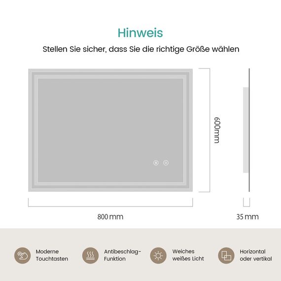 EMKE Badspiegel mit Beleuchtung 80x60cm kaltweiß dimmbar mit beschlagfrei, Touch, Speicherfunktion, 3 Stunde automatische Abschaltung Badezimmerspiegel IP44 energiesparend