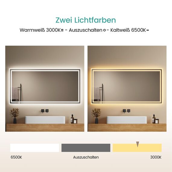 EMKE Badspiegel mit Beleuchtung 120x60 cm, 2 Lichtfarben (Warmweiß/Kaltweiß), beschlagfrei, Druckschalter, IP44, energiesparend, horizontal und vertikal montierbar – moderner Badezimmerspiegel
