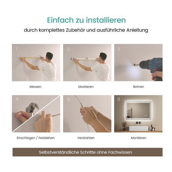 EMKE Badspiegel mit Beleuchtung 70x50 cm, kaltweiß dimmbar, beschlagfrei, Touch, Speicherfunktion, 3-Stunden-Autoabschaltung, IP44, energiesparender Badezimmerspiegel