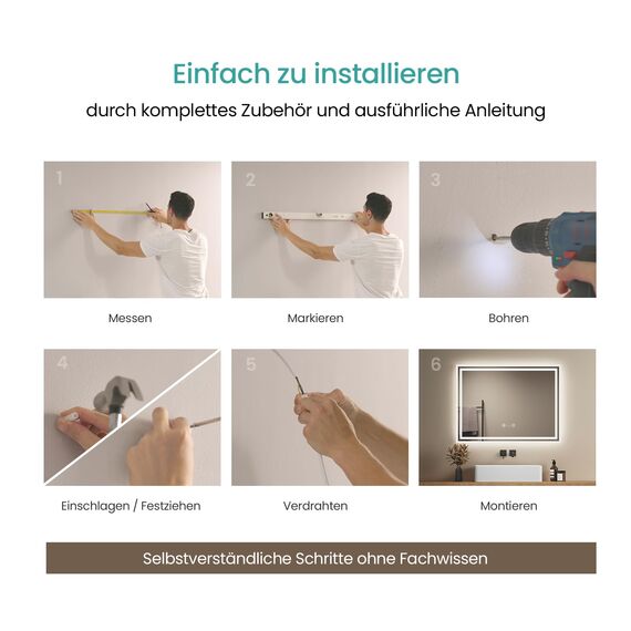 EMKE LED Badspiegel 70x50 cm mit Bewegungssensor, 3 dimmbare Lichtfarben, beschlagfrei, Touch, automatische Abschaltung nach 1 Stunde, IP44, energiesparender Badezimmerspiegel