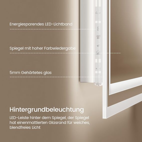 EMKE LED Badspiegel 90x70cm Badezimmerspiegel mit Beleuchtung kaltweiß Lichtspiegel Wandspiegel mit Touchschalter + beschlagfrei IP44 energiesparend