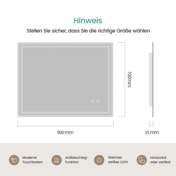 EMKE LED Badspiegel 90x70cm Badezimmerspiegel mit Beleuchtung kaltweiß Lichtspiegel Wandspiegel mit Touchschalter + beschlagfrei IP44 energiesparend
