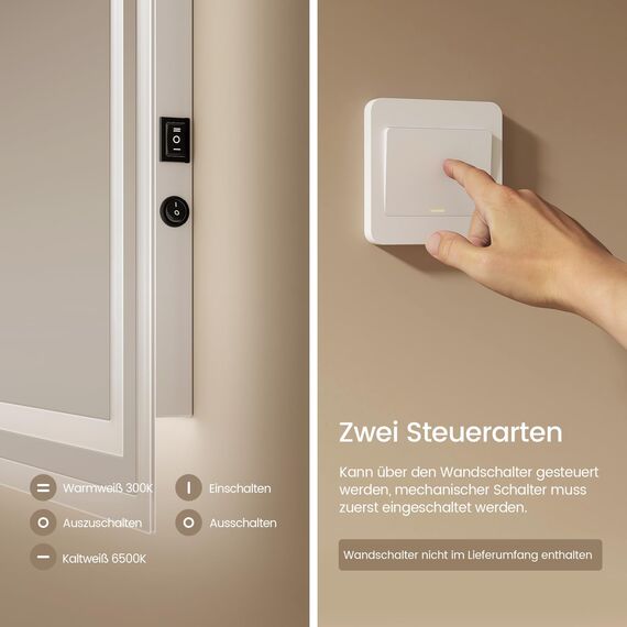 EMKE Badspiegel mit Beleuchtung 80x60 cm, 2 Lichtfarben (Warmweiß/Kaltweiß), beschlagfrei, Druckschalter, IP44, energiesparend, horizontal und vertikal montierbar – moderner Badezimmerspiegel