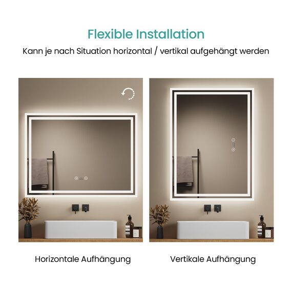 EMKE LED Badspiegel 70x50 cm mit Bewegungssensor, 3 dimmbare Lichtfarben, beschlagfrei, Touch, automatische Abschaltung nach 1 Stunde, IP44, energiesparender Badezimmerspiegel