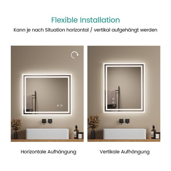 EMKE Badspiegel mit Beleuchtung 60x50 cm, kaltweiß dimmbar, beschlagfrei, Touch, Speicherfunktion, 3-Stunden-Autoabschaltung, IP44, energiesparender Badezimmerspiegel