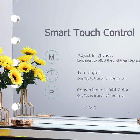 iCREAT Hollywood Spiegel mit Beleuchtung 58X46cm Schminkspiegel mit Licht Makeup Spiegel mit Licht 12 Dimmbare LED Lampen 3 Farbtemperatur USB Tischspiegel Kosmetikspiegel Weiß