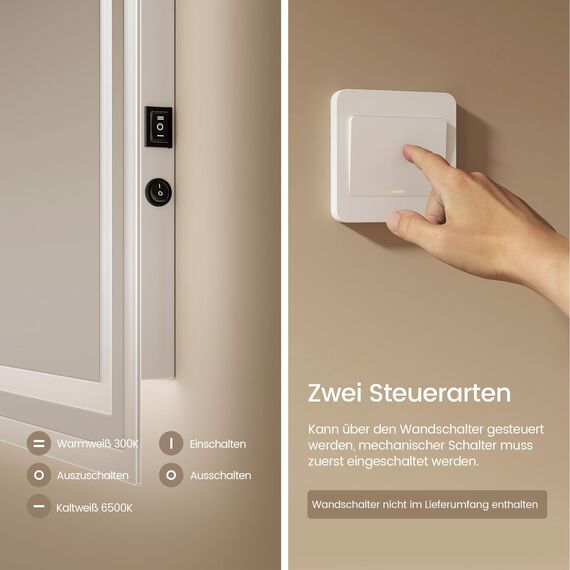 EMKE Badspiegel mit Beleuchtung 120x60 cm, 2 Lichtfarben (Warmweiß/Kaltweiß), beschlagfrei, Druckschalter, IP44, energiesparend, horizontal und vertikal montierbar – moderner Badezimmerspiegel