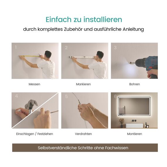 EMKE Badspiegel mit Beleuchtung 100x60 cm, 2 Lichtfarben (Warmweiß/Kaltweiß), beschlagfrei, Druckschalter, IP44, energiesparend, horizontal und vertikal montierbar – moderner Badezimmerspiegel