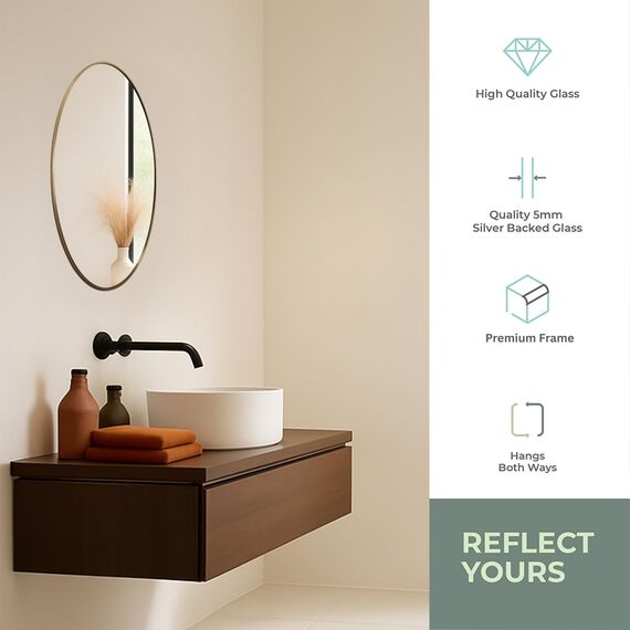 Neue Design Mood® Premium Oval Bathroom Mirror Gold Framed Wall Mounted, Frame Modern & Stylish (70cm x 50cm)