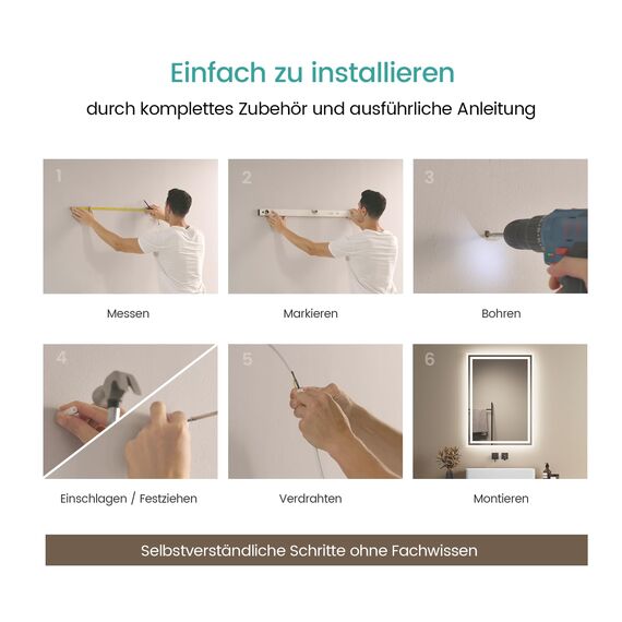 EMKE Badspiegel mit Beleuchtung 70x50 cm, 2 Lichtfarben (Warmweiß/Kaltweiß), beschlagfrei, Druckschalter, IP44, energiesparend, horizontal und vertikal montierbar – moderner Badezimmerspiegel