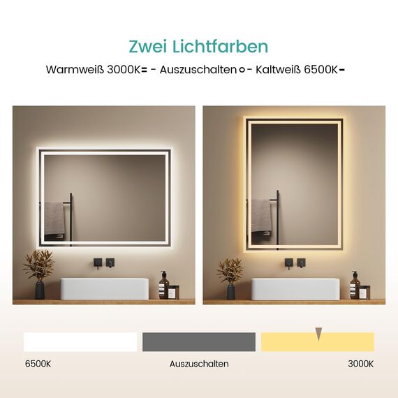 EMKE Badspiegel mit Beleuchtung 80x60 cm, 2 Lichtfarben (Warmweiß/Kaltweiß), beschlagfrei, Druckschalter, IP44, energiesparend, horizontal und vertikal montierbar – moderner Badezimmerspiegel