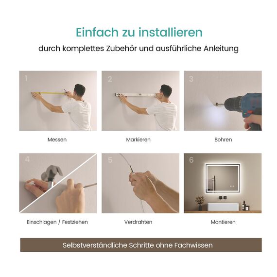 EMKE Badspiegel mit Beleuchtung 60x50 cm, kaltweiß dimmbar, beschlagfrei, Touch, Speicherfunktion, 3-Stunden-Autoabschaltung, IP44, energiesparender Badezimmerspiegel
