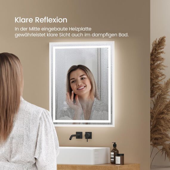 EMKE Badspiegel mit Beleuchtung 60x50 cm, kaltweiß dimmbar, beschlagfrei, Touch, Speicherfunktion, 3-Stunden-Autoabschaltung, IP44, energiesparender Badezimmerspiegel