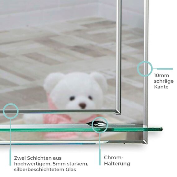 Schöner rechteckiger Badezimmerspiegel mit Ablage, modern und stylish, 2 Lagen Glass, mit abgerundeten Kanten, Wandbefestigung, Badspiegel, Wandspiegel, Spiegel 60cm X 43cm