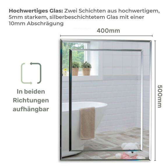 Neue Design Schöner rechteckiger Badezimmerspiegel, modern und stylish, 2 Lagen Glass, mit abgerundeten Kanten, Wandbefestigung, Badspiegel, Wandspiegel, Spiegel 50cm x 40cm